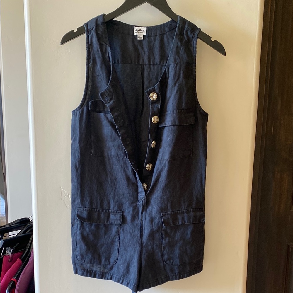 Black linen Sleeveless Button-Up Romper
